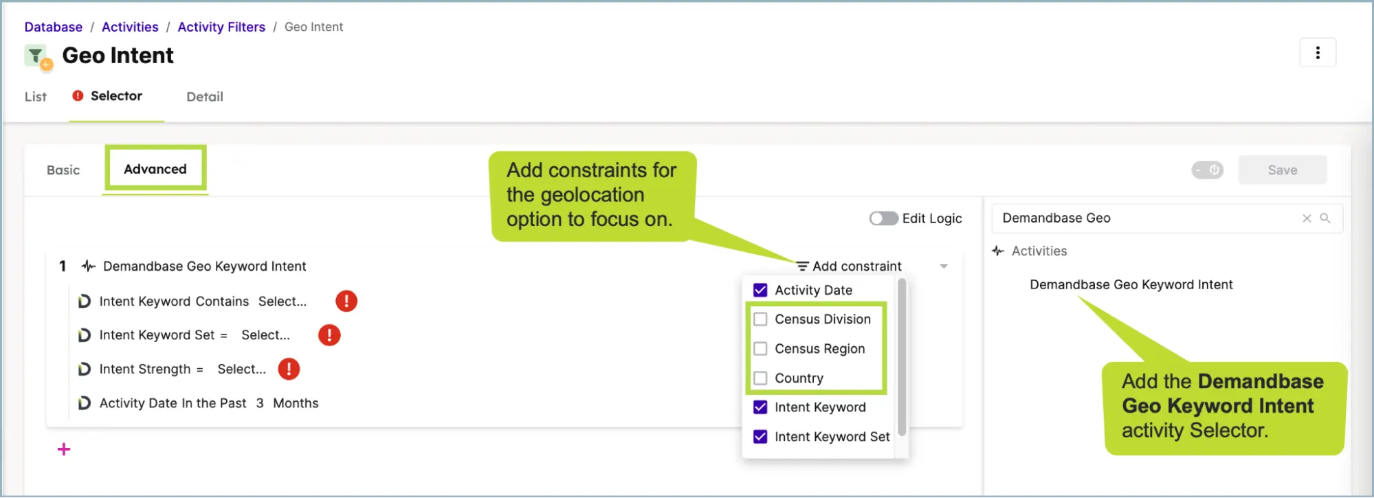 Geo keyword intent activity filter