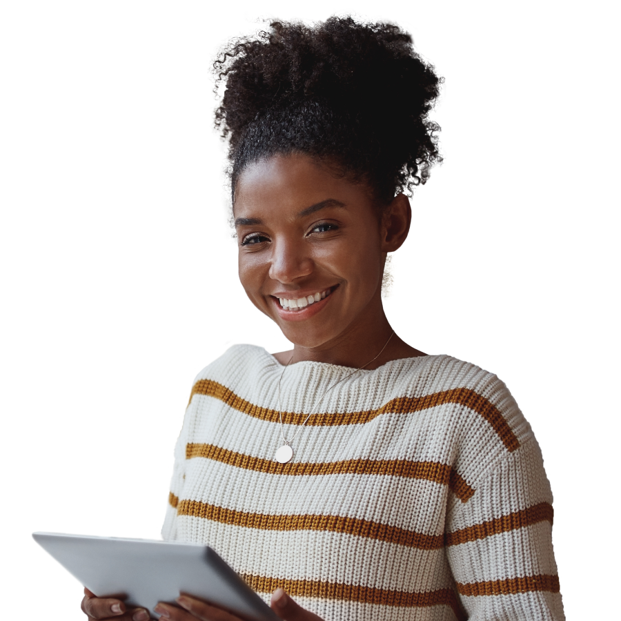 Woman smiling holding a tablet